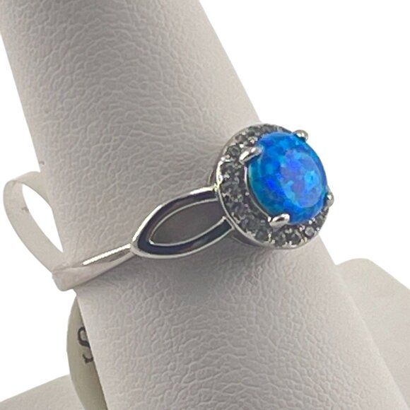 Elegant Blue Opal Halo Ring With Silver Band - Size 8 - Picture 5 of 6